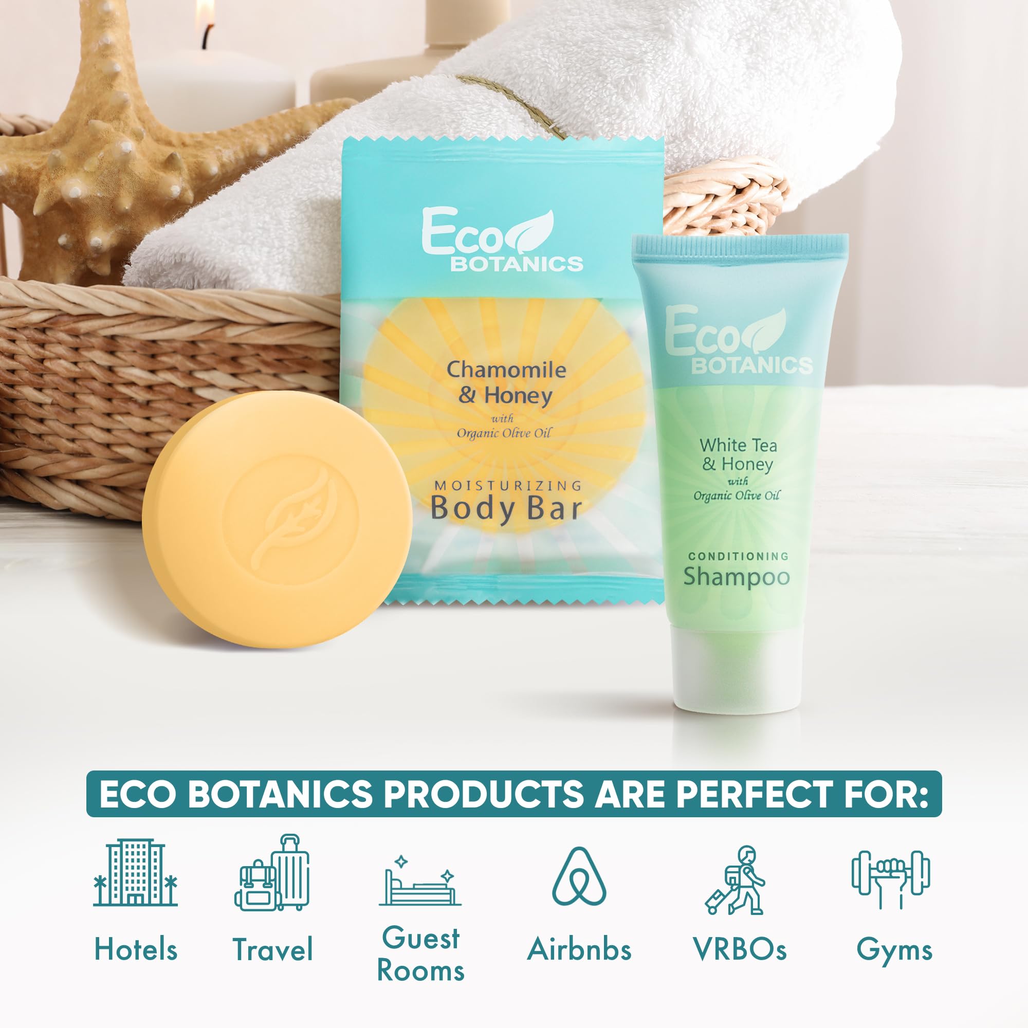 Eco Botanics Hotel Soaps & Toiletries Bulk Set | 1-Shoppe Amenities Kit for Hotels & Vacation Rentals | 0.85 oz Conditioning Shampoo & 0.89 oz Bar Soap | 100 Pieces