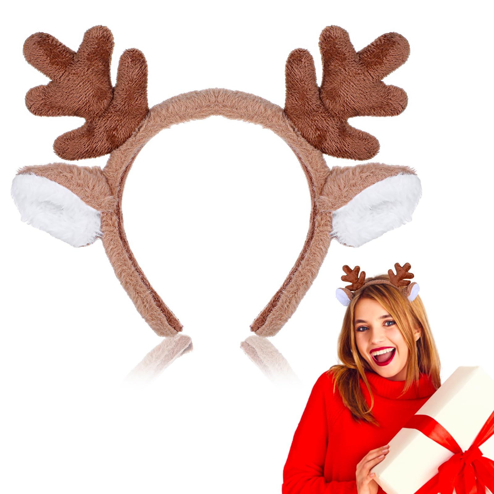 WLLHYF Reindeer Antlers Headband, Christmas Animal Ears Antler Headband Cute Deer Ear Hairband Floral Reindeer Headpiece Costume Party Cosplay Hair Accessories for Christmas Halloween Festival