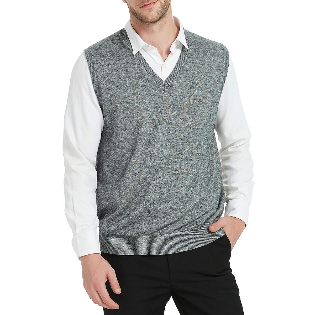 KallspinMen's Wool Blend Knitted Gilets Sweater Relax Fit V Neck Vest Sleeveless Jumper