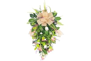 RXMORI Tulips Teardrop Swag,Decorative Floral Swag with Greenery Leaves,Teardrop Hanging Wall Decor Wreath, Spring Summer Tulips Swag for Front Door Indoor Outdoor Window Decor(#1)