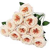 10 Pcs Artificial Flowers Rose, Silk Austin Rose Flower Bouquet, Fake Roses Faux Floral with Stem for Wedding Bridal Party Arrangements Bouquets, Dining Table Home Decor Centerpieces, Champagne Pink