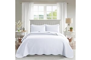 MOONLIGHT20015 Twin Quilt Set - Summer Reversible Lightweight 2 Pcs Microfiber Coverlet Set Size (66” x 86”) - 1 Pillow Shams (20” x 26” + 2”) Embossed Quilt Bedspreads (White)