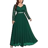MISSMAY Women's Plus Size Floral Lace V Neck Rhinestone Ribbon Waist Chiffon Formal Bridemaid Maxi Dress