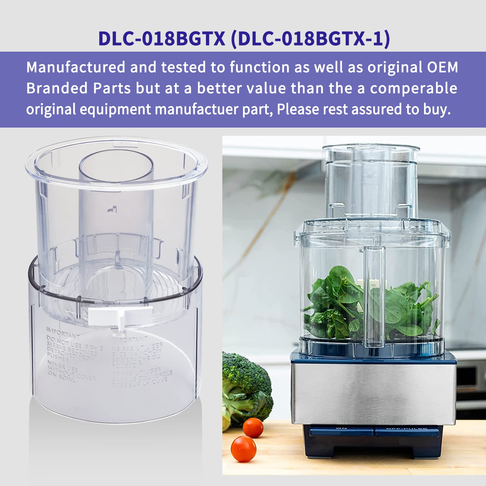 DLC-018BGTXT (DLC-018BGTXT-1) Large Pusher and Sleeve Assembly Fit for Food Processors, Compatible with Cuisinart Tritan Custom Food Processor DFP-11, DLC-8S, DLC-8SY, DFP-11 Deluxe 11,DLC -5,DLC-7FPC
