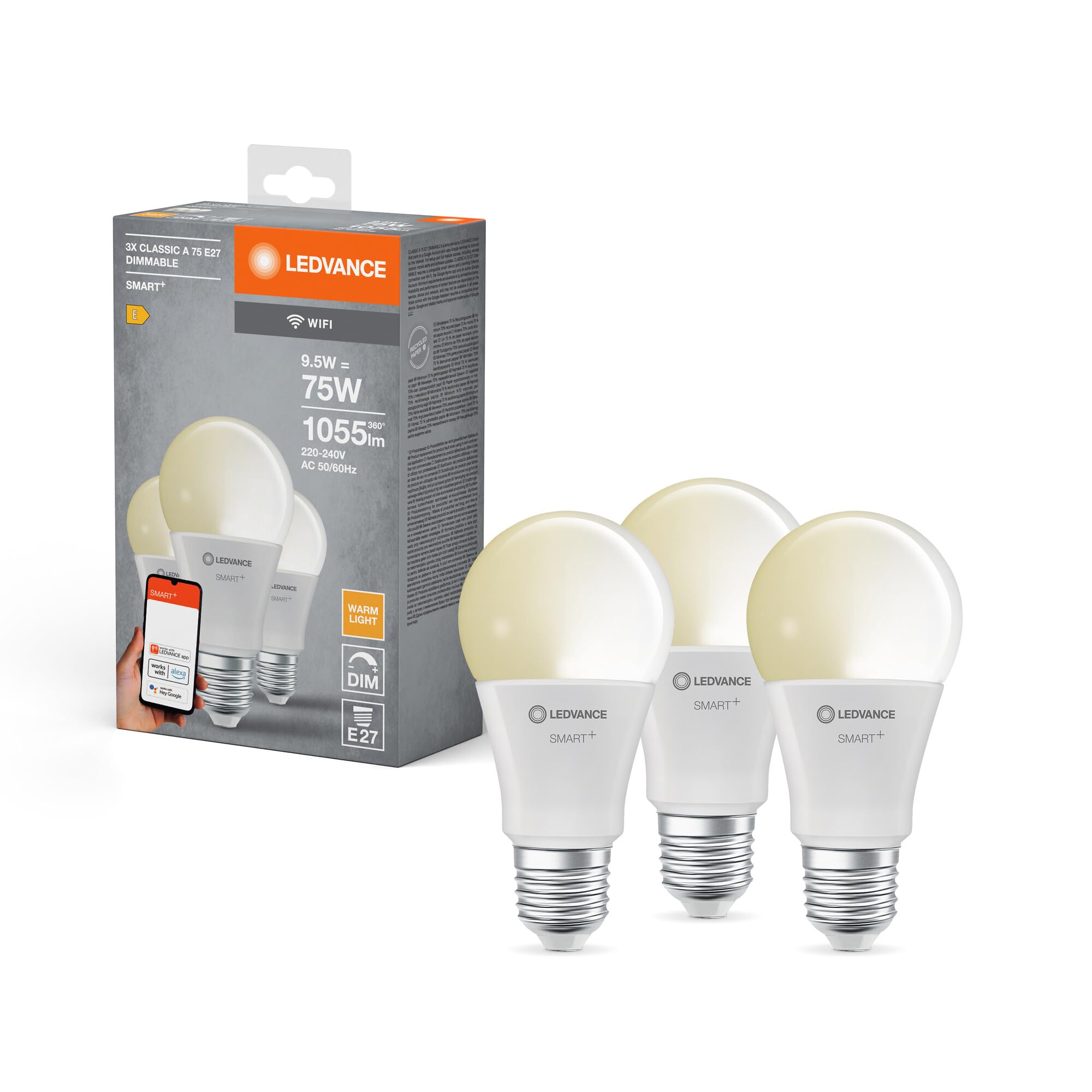 LEDVANCE Smart LED lamp with WiFi Technology, E27-base matt Optics ,Warm White (2700K), 1055 Lumen, 75W-Replacement, Smart dimmable, 3-Pack