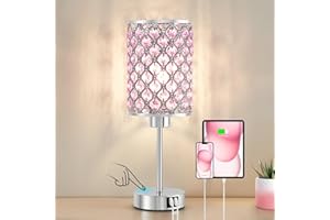 Crystal Table Lamp with Pink Touch, USB C+A Ports, 3 Way Dimmable, Bedside Lamp for Girl Bedroom & Living Room (Bulb Included