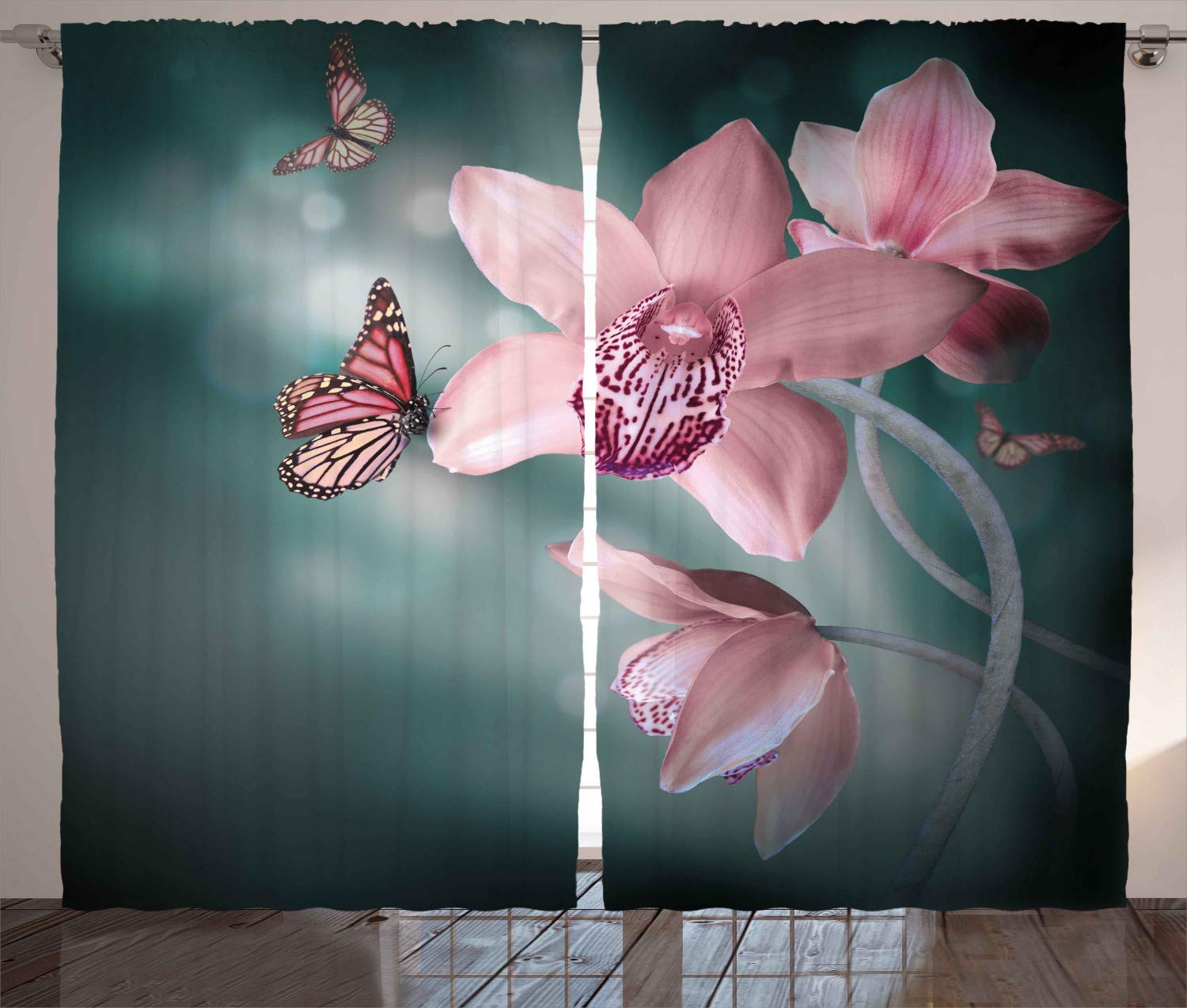 ABAKUHAUS Floral Curtains, Orchid Flower Butterfly Soft Fresh Spring Nature Theme Art Photo, Living Room Bedroom Window Drapes 2 Panel Set, 280 x 175 cm, Jade Green Baby