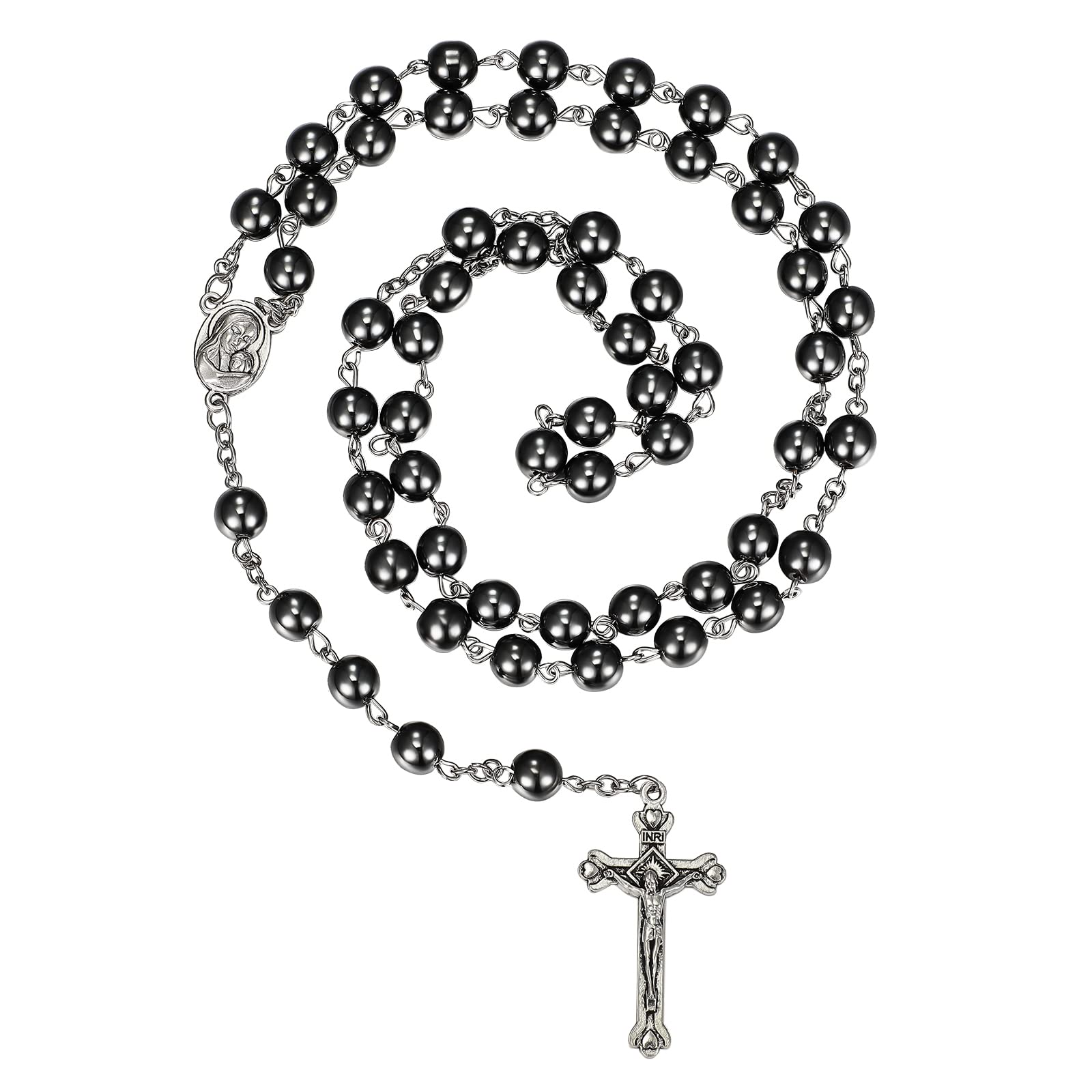 Herdear Black Rosary Beads Catholic Crucifix Necklace for Men Women Cross Necklace Holy Communion Gifts for Girls Boys