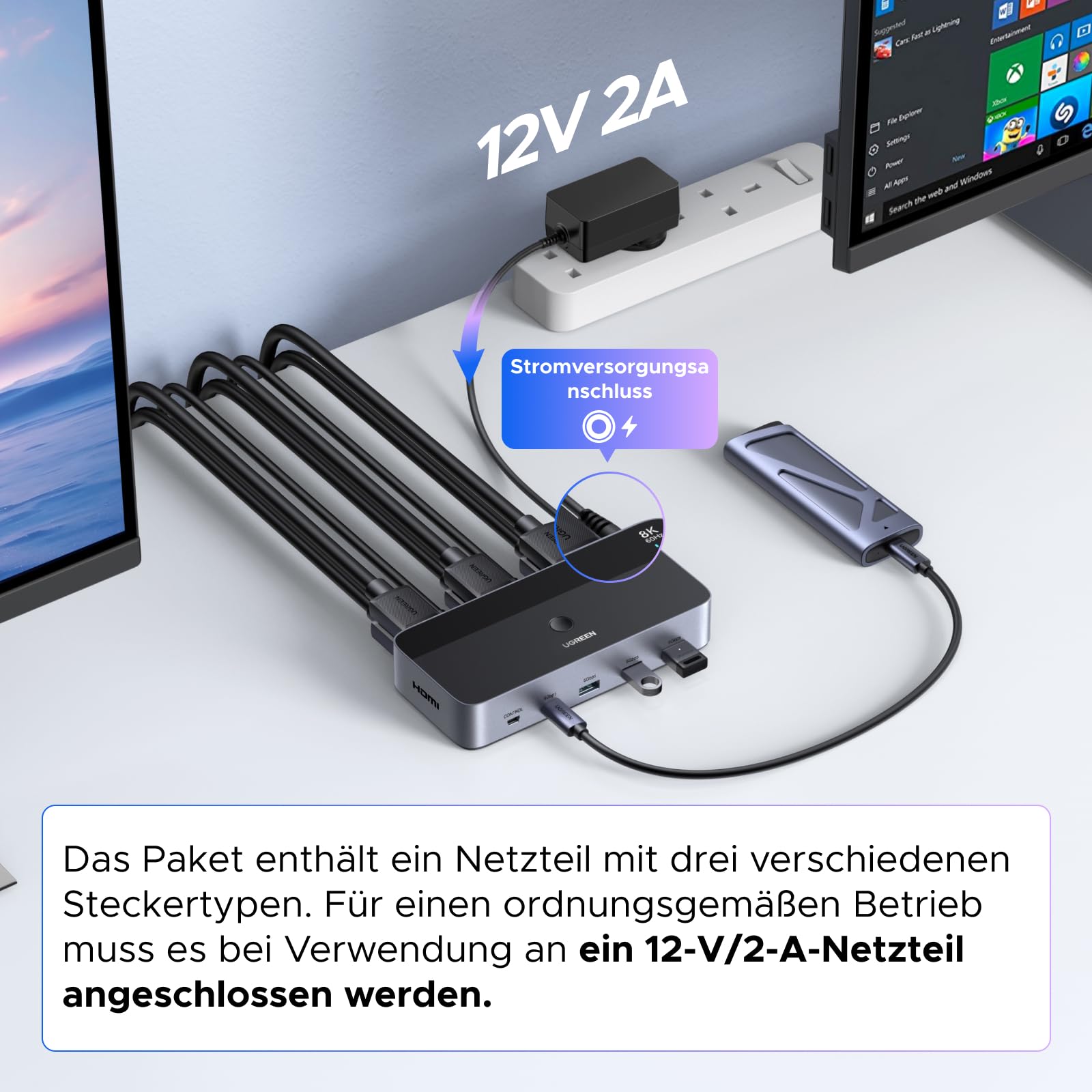 UGREEN HDMI KVM Switch 2 PC 2 Monitore 8K60Hz 4K240Hz Tastatur und Desktop-Controller Umschaltung 4 USB 3.0 Ports Kompatibel mit Windows/Linux/MacOS usw. 8