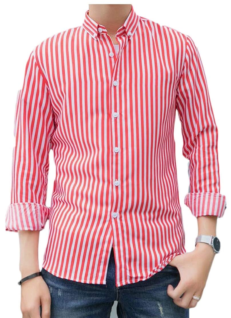 YONGM Mens Button Down Cotton Dress Shirts Long Sleeve Striped Casual Shirt