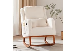 Iroomy Modern Accent Rocking Chair, Upholstered Rocking Chair Glider Rocker High Back Arm Chair with 2 Side Pockets, Rocking Chair Indoor for Living Room/Bedroom/Nursery-White Teddy