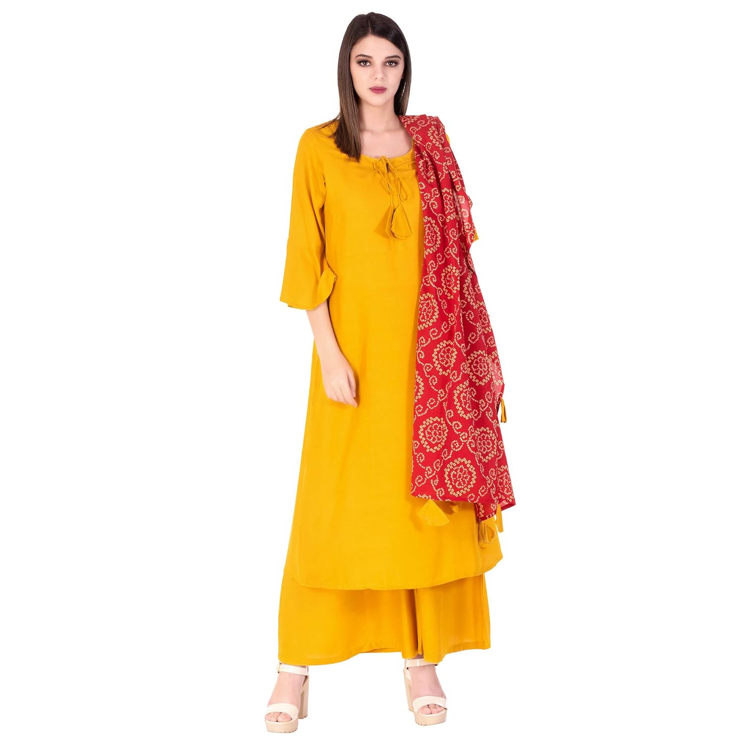 ortange readymade women's rayon kurta, palazzo with printed dupatta set