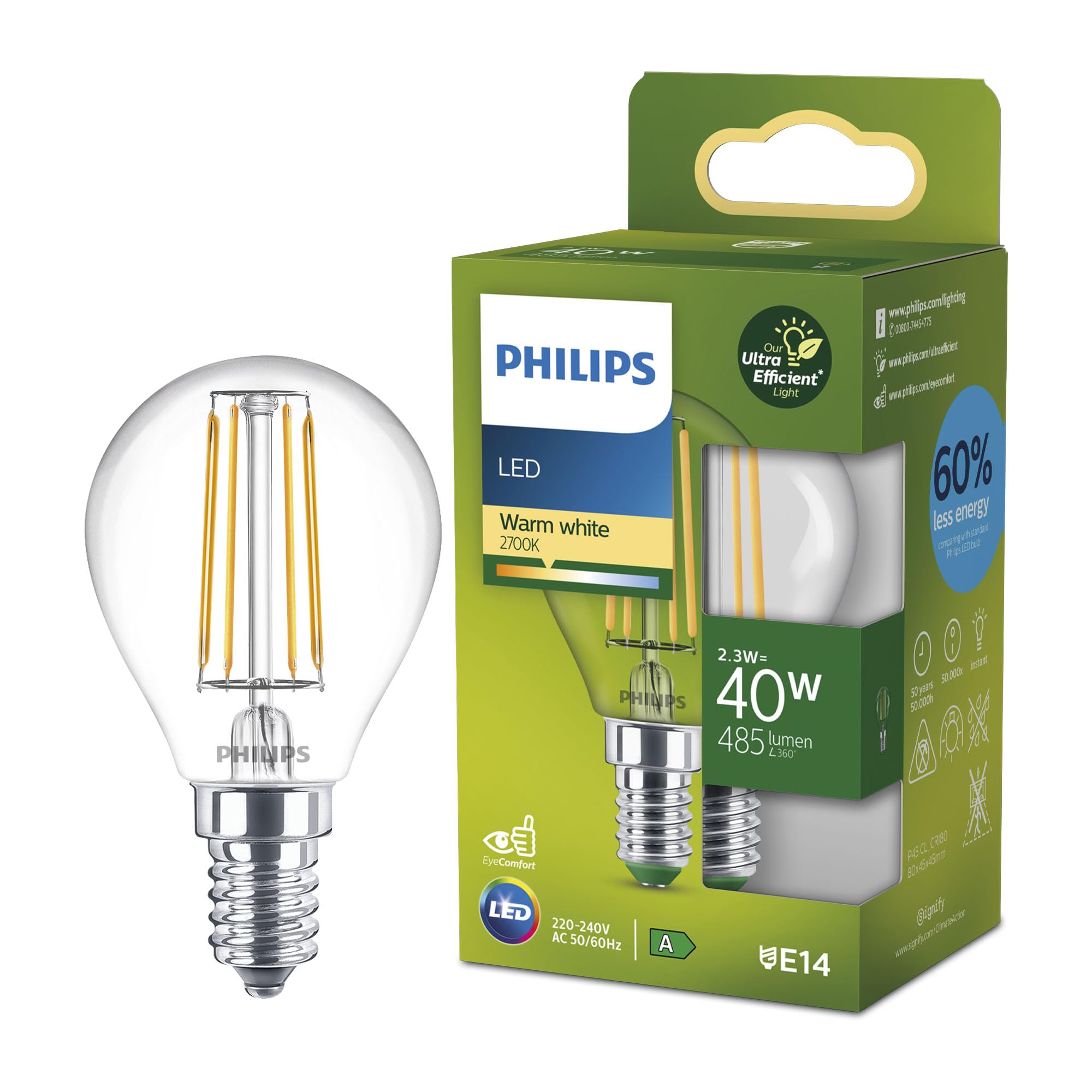 Philips LED Light Bulb, Classic, UltraEfficient, 40 W, 485 Lumen, P45, E14 2700 K, Clear Glass