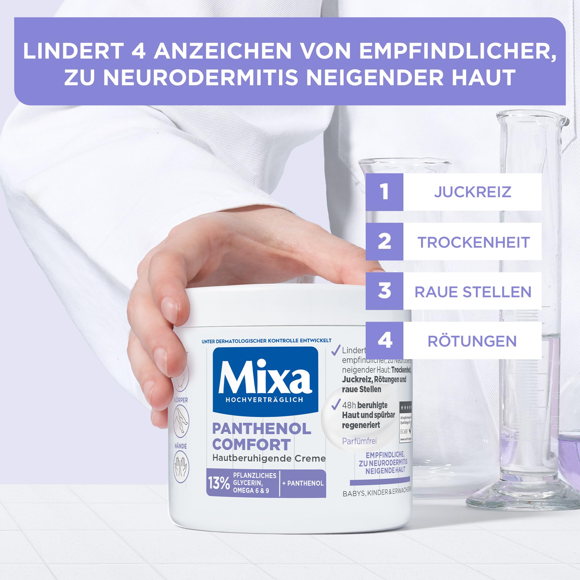 Mixa Panthenol Comfort hautberuhigende Creme, empfindliche & zu Neurodermitis neigende Haut, 13% Panthenol, Glycerin, Omega 6&9, Gesicht/Körper/Hände/Babys/Kinder/Erwachsene, hochverträglich, 400 ml 2