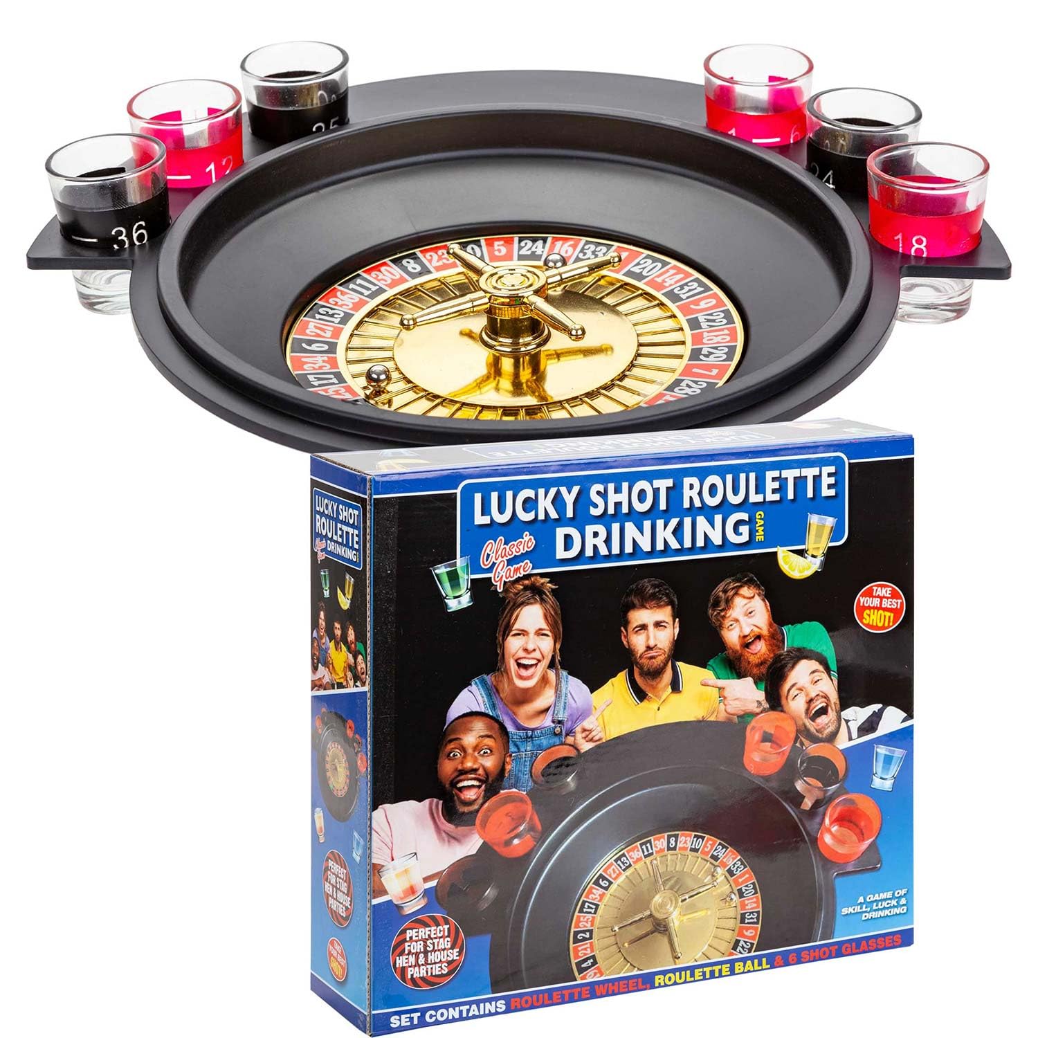 VFM - Lucky Shot Roulette Drinking Game Gift, Multi Shot, Alcohol, Liquor, Party Games, Celebrations, Gatherings, for Adults, Fun, Glasses, Hen Do, Stag Do