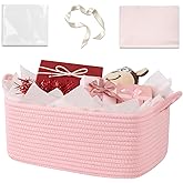 OIASKET Basket for Gifts Empty, Woven Storage Basket with Gift Bag, Ribbon and Wrap Tissue Paper, Small Rope Toy Storage with Handles for Baby Shower, Dog Toy Organizer, 13.6" x 10" x 5.9”, Pink