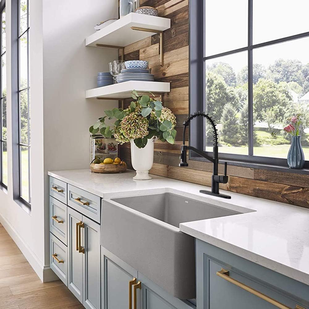 OWOFAN Kitchen Faucets with Pull Down Sprayer Solid Brass Matte Black Industrial Single Handle One Hole Or 3 Hole Faucet for Farmhouse Camper Laundry Utility Rv Wet Bar Sinks - - 