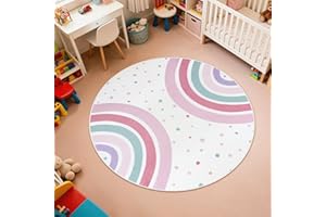 STARUIA Pink Round Rug for Girls, 5 Ft Rainbow Kids Rug for Nursery, Colorful Washable Rugs for Bedroom, Non-Slip Circle Time Rugs Soft Polka Carpet for Kids Room Princess Castle