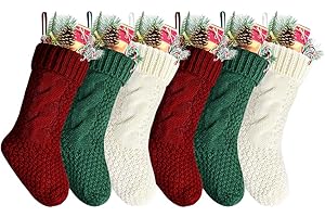 Kunyida 14" Unique Burgundy and Ivory and Green Knitted Christmas Stockings,6 Pack