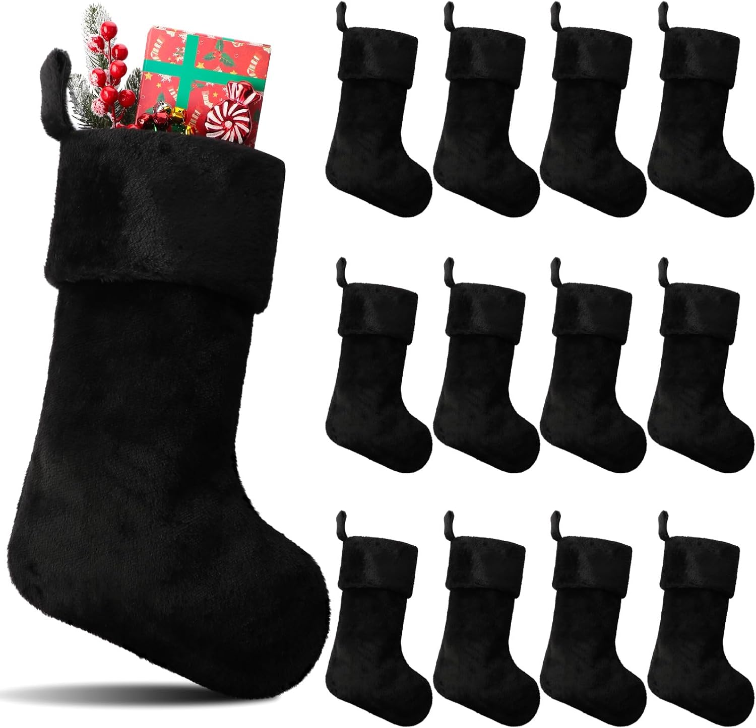 Stockings & Holders - Hoosige 12 Pcs Black Christmas Stocking 18'' Bulk Christmas Stockings Thick Plush Fabric Hanging Stockings Black Christmas Decorations for Xmas Holiday Family Party Tree Fireplace Classic Ornaments