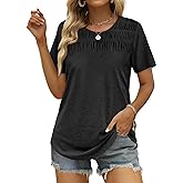 OFEEFAN Women's Summer Tops 2026 Trendy Short Sleeve Shirts Smocked Crewneck Tee
