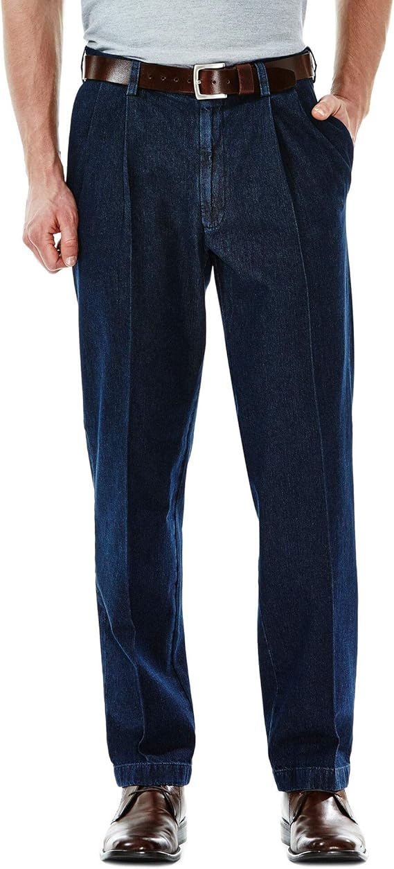 Haggar Men's ExpandableWaist NoIron Dark Denim PleatFront Pant