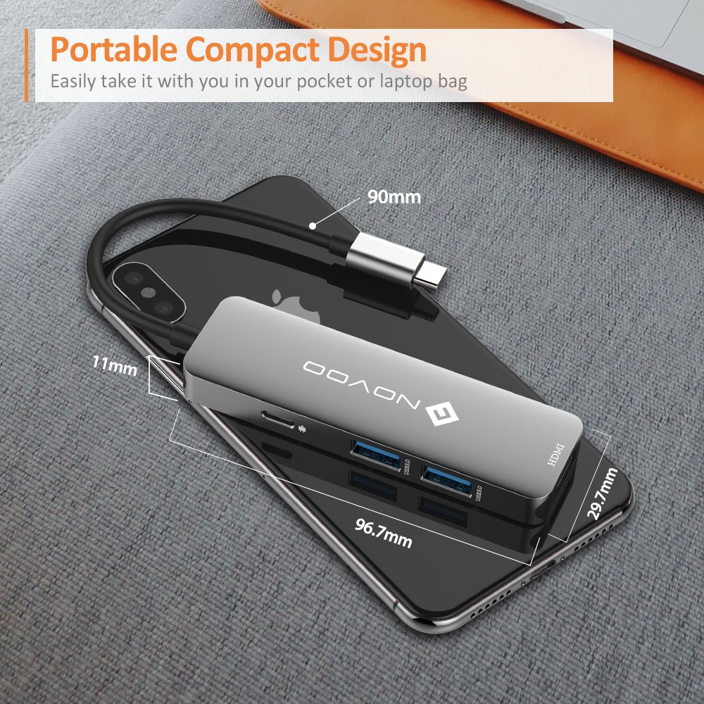 NOVOO USB C Hub Aluminium mit HDMI 4K Adapter, 2* USB 3.0 Anschlüssen, Ladeanschluss für 12\