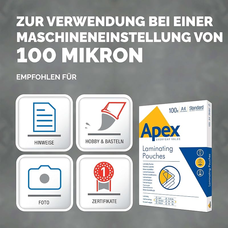 Apex A4 Laminierfolien, glänzende Oberfläche, 100 Blatt, Standard A4, Ideal für Fotos und Informationshinweise mit optimalem Kontrast