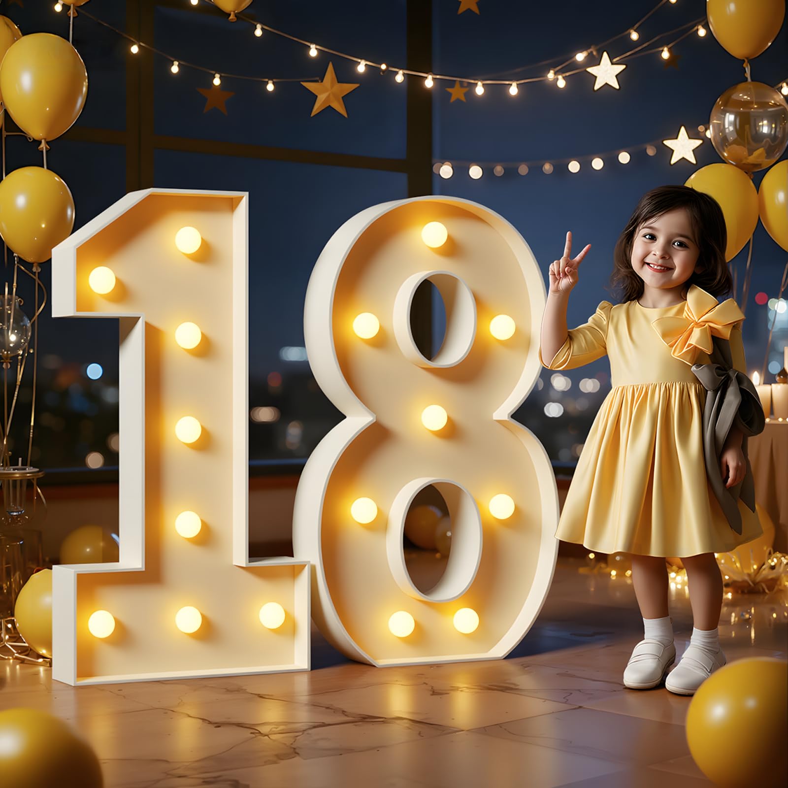 Photo 1 of Marquee Numbers 3 Feet Tall Large Light Up Numbers 18th Birthday Decorations Big Yellow Light Outdoor Anniversary Decorations Balloon Arch Kit Party Backdrop 18