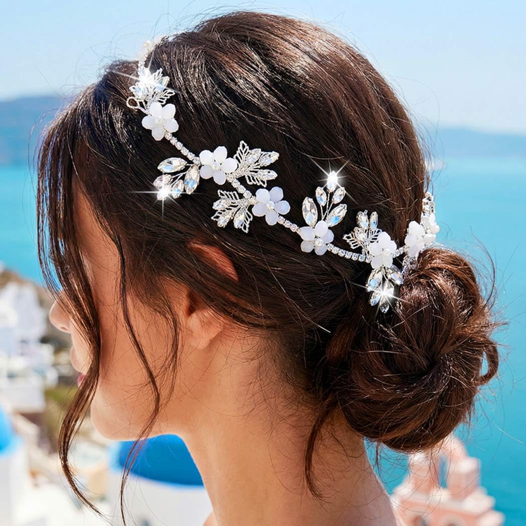 Zoestar Bride Wedding Crystal Headband Flower Bridal Hair Vine Piece Silver Wedding Hair Accessories for Women (Silver)