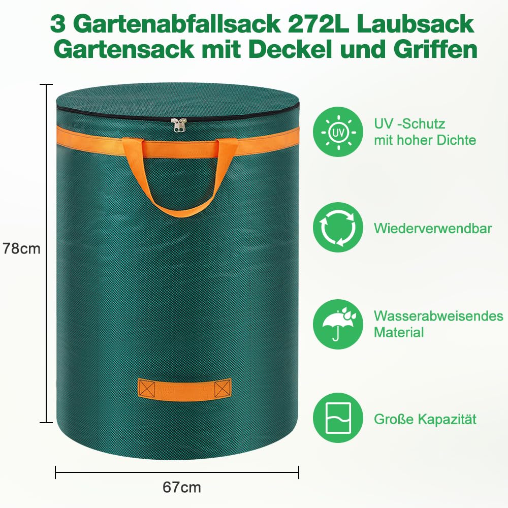 Eurhomewit 3 Gartenabfallsack 272L Laubsack Gartensack mit Deckel und Griffen, Groß Stabile Gartensäcke Laubsammler, Selbststehend Abfallsack Stabil Grünschnittsäcke für Gras Laub Hecke Gartenabfall 4