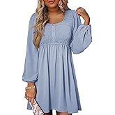 Dokotoo Womens 2026 Casual Dresses Smocked Crewneck Button Up Long Sleeve Empire Waist A-Line Mini Dress