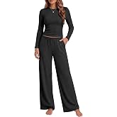 Ekouaer Lounge Sets for Women 2 Piece Long Sleeve Fall Pajamas Set | Ribbed Knit Pjs, Slim Fit Tops and Wide Leg Pants with Pockets, Soft Casual Loungewear, Matching Two Piece Set Outfts