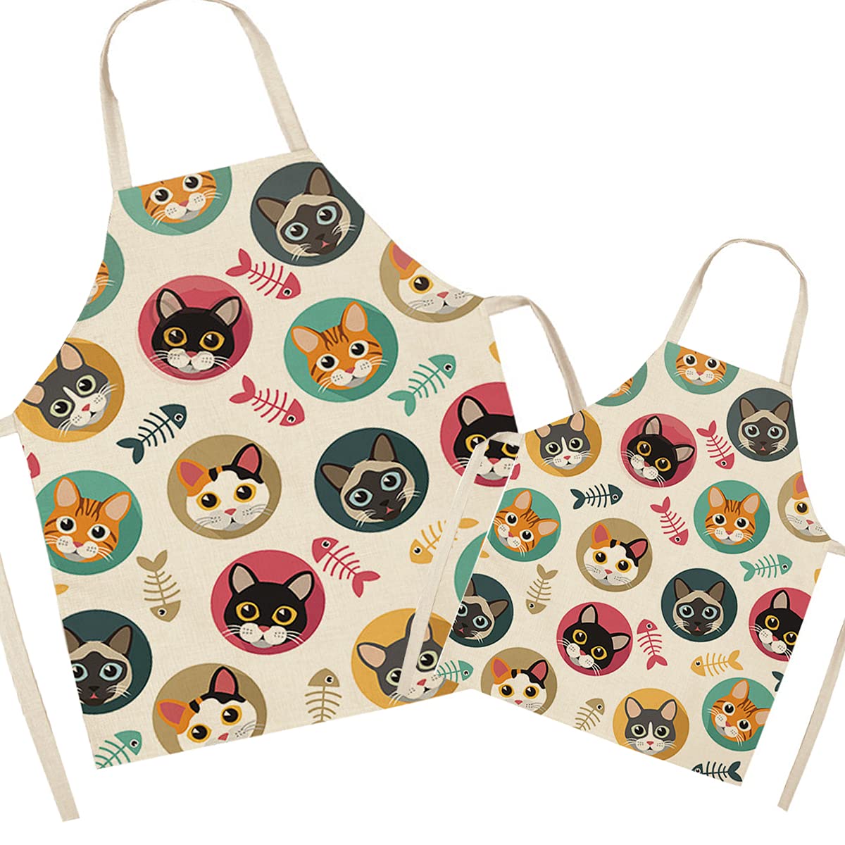 FOMAISELF Linen Parent and Child Cooking Apron - Cute Cat Pattern Mum and Kids Apron, Mummy Son Daughter Aprons for Cooking Baking Painting Party