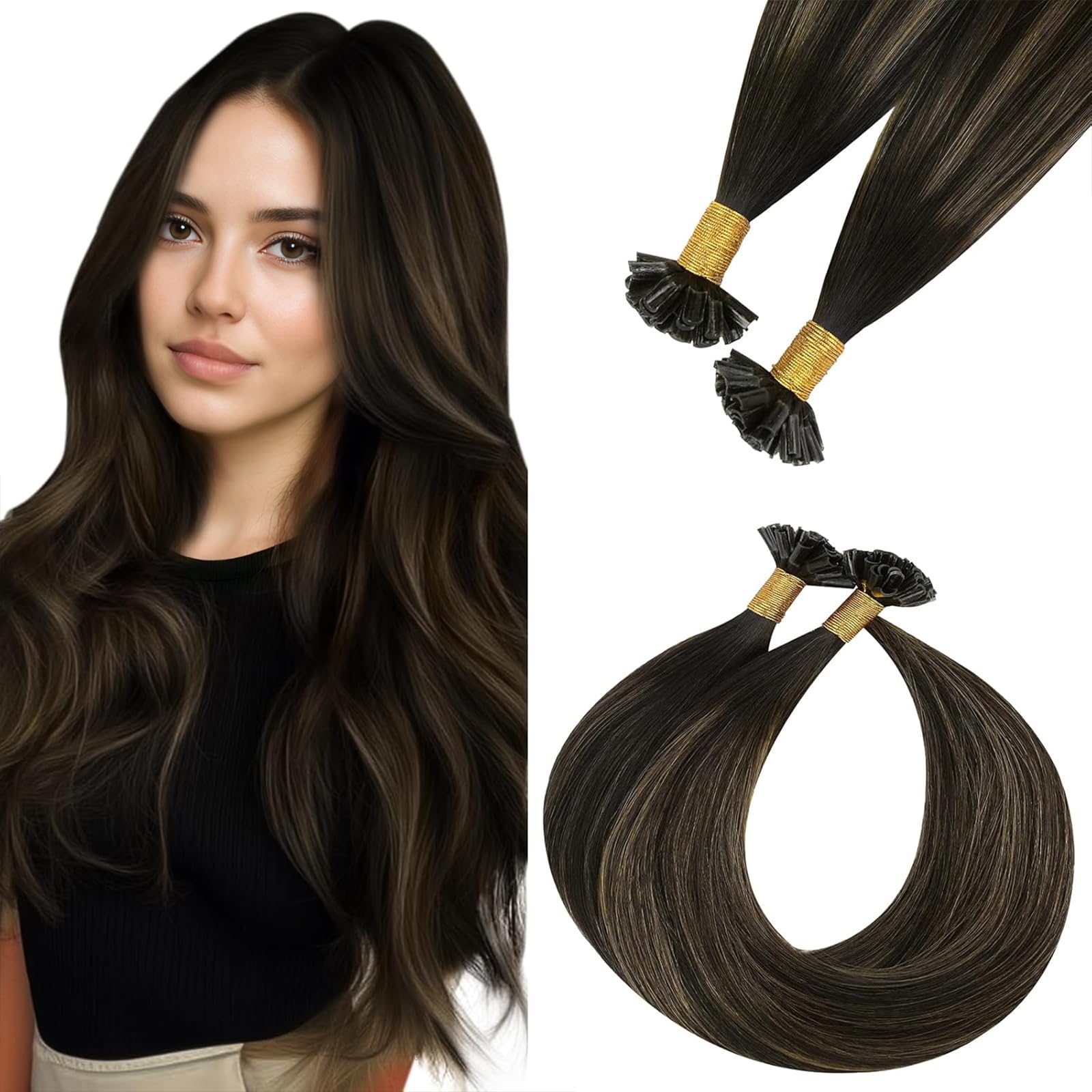 Easyouth U Tip Hair Extensions Real Human Hair Brown Balayage U Tip Extensions Human Hair Ombre Brown Nail Tip Hair Extensions Remy Human Hair 14 Inch 50g 1g/Strand — image 1