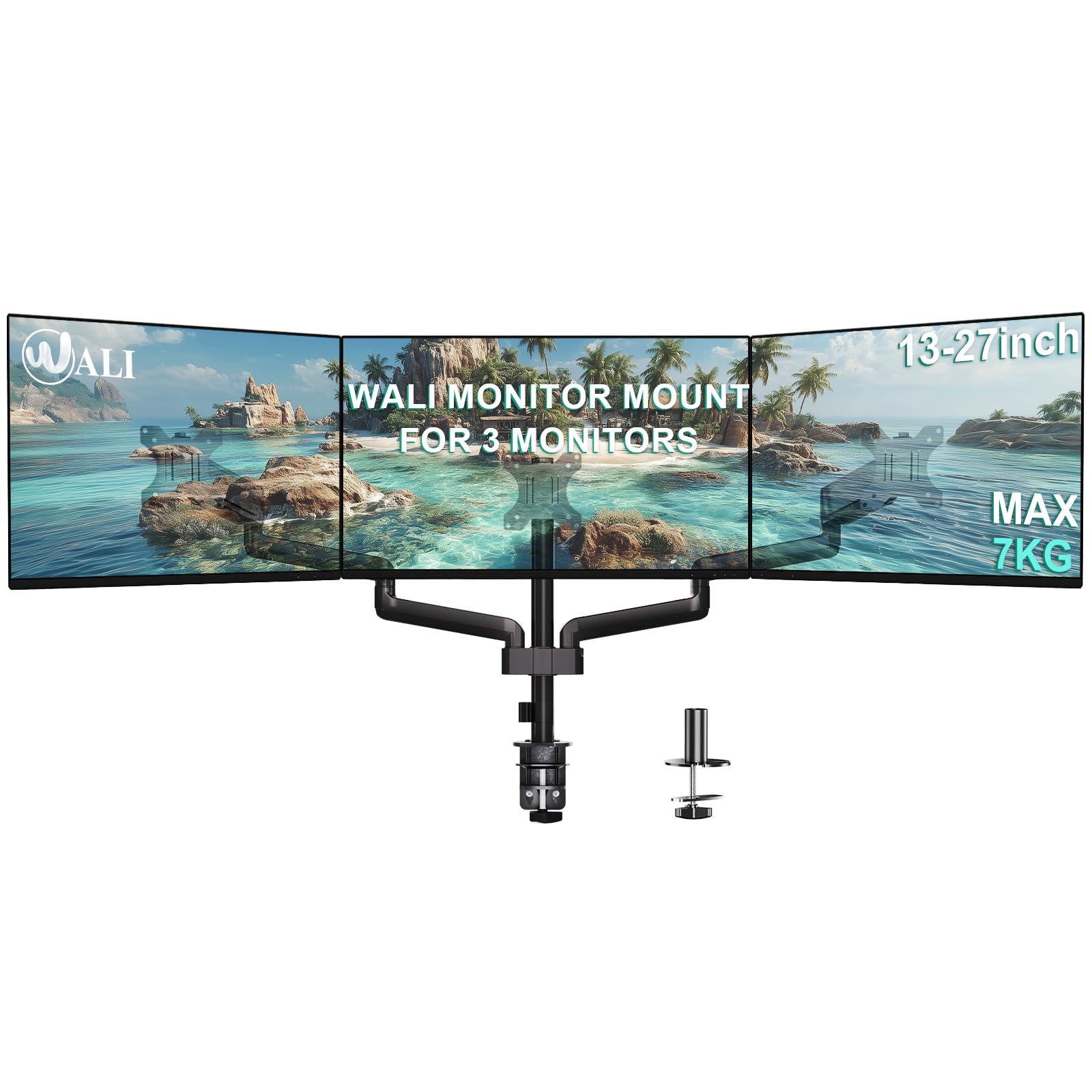 Photo 1 of WALI Triple Monitor Mount for 13-27 inch Screens, Adjustable 3 Monitors Desk Mount with Swivel, Tilt, Clamp & Grommet Kit, Gas Spring Arm Triple Monitor Stand, VESA 75x75/100x100mm (GSDM003), Black