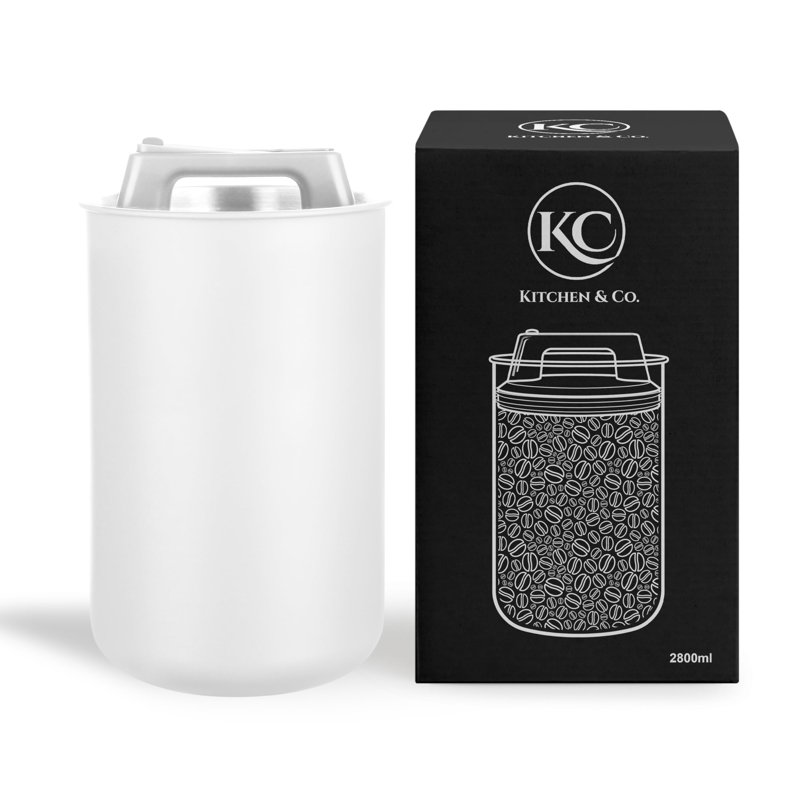 KC Kitchen & Co. Airtight Coffee Canister for 1 kg Coffee Beans - Stainless Steel Storage Jar with Vacuum Lid & Aroma Seal - Storage Jar for Coffee, Tea, Sugar, Cereal White (2800 ml)