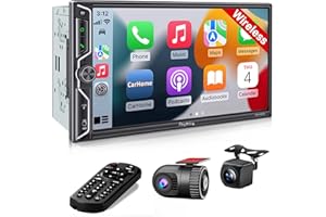 SJOYBRING [QLED Screen Upgrade] 7" Double Din Car Stereo with Dash Cam, Wireless Apple CarPlay and Android Auto, Bluetooth 5.3, 240W 4.2-Channel Audio Output, MirrorLink, Backup Camera, AM/FM Car Radio