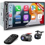 SJoyBring [QLED Screen Upgrade] 7" Double Din Car Stereo with Dash Cam, Wireless Apple CarPlay and Android Auto, Bluetooth, 240W 4.2-Channel Audio Output, MirrorLink, Backup Camera, AM/FM Car Radio