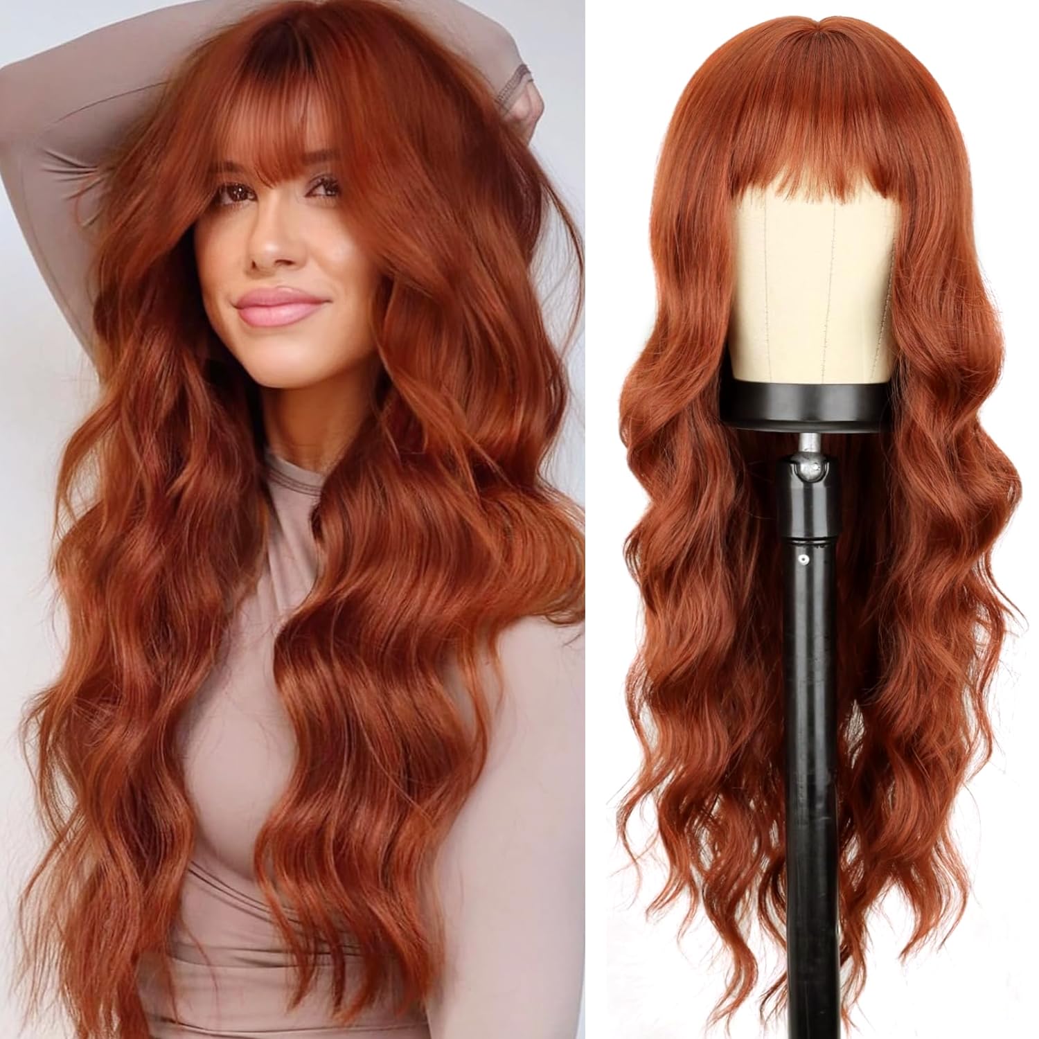PORSMEER Long Wavy Curly Auburn Fringe Wigs for Women Natural Synthetic Hair Heat Resistant Wigs for Ladies Daily Party Cosplay Wear-26 Inches — image 1
