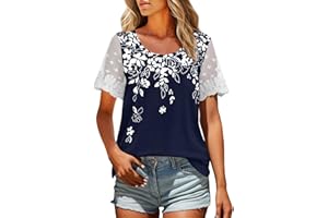 COTECRAM Womens Lace Short Sleeve V Neck T Shirts Summer Casual Tops Loose Fit Tees Ladies Dressy Blouses 2024 Trendy