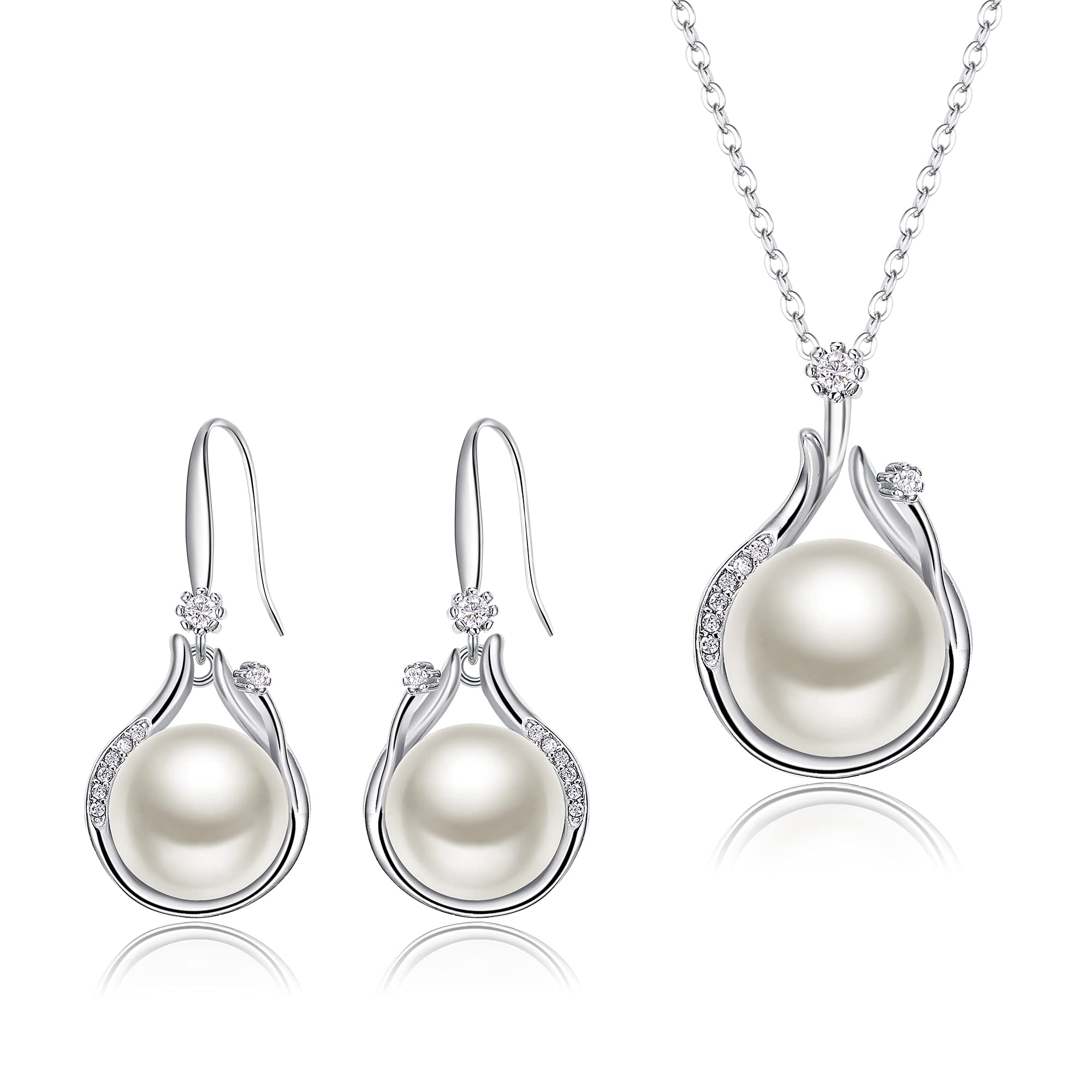 Clearine 925 Sliver CZ Freshwater Pearl Curved Pendant Necklace Dangle Hook Earrings Wedding Bridal Jewellery Set, Valentines/Birthday/Christmas/Mothers Day Gift for Mom/Wife/Women