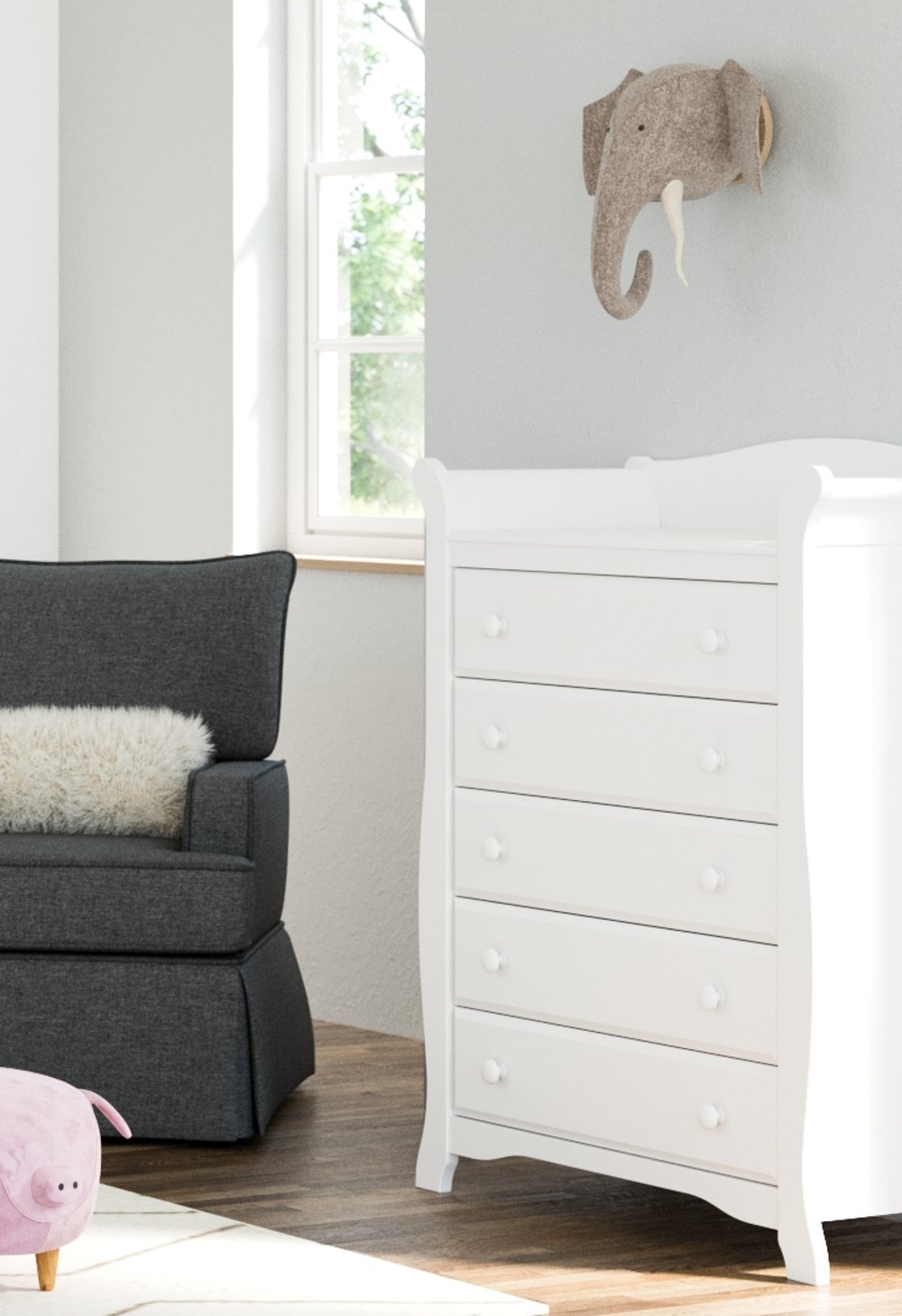 Storkcraft Avalon 5 Drawer Universal Dresser | Ideal for Nursery, Toddlers and Kids rooms | White : Baby