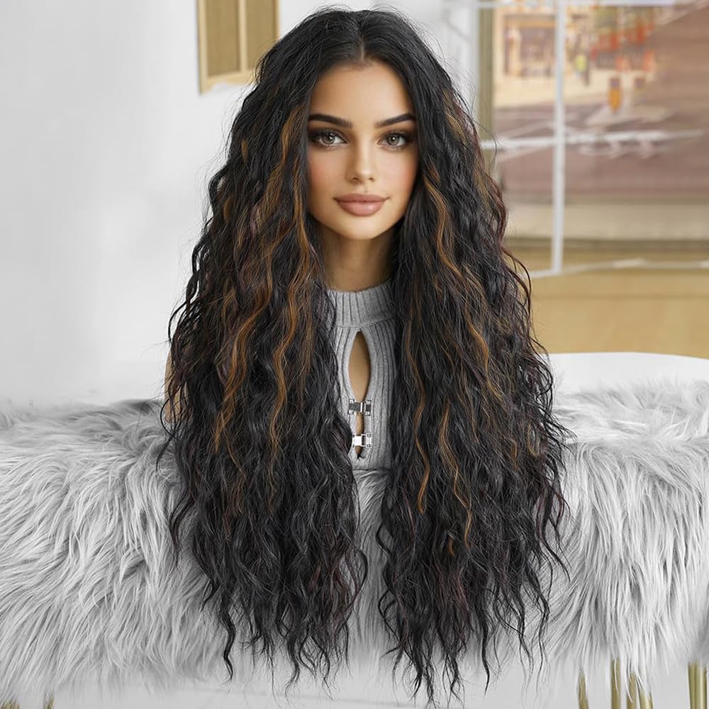 PORSMEER Long Wavy Black & Brown Wigs for Women - Middle Part, Fluffy Curly Wigs - Natural Looking, Synthetic, Heat Resistant Fiber - Daily or Party Wigs — image 1