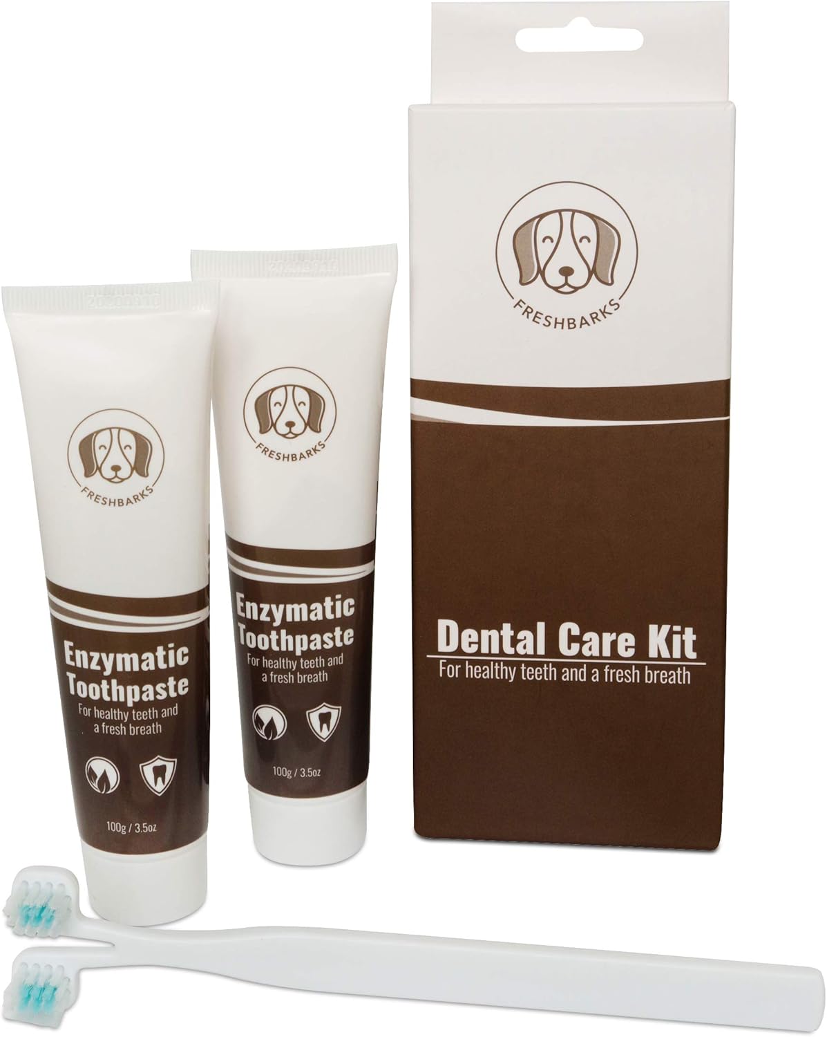 Freshbarks Dog Dental Kit | Two Tubes of The Best Enzymatic Dog Toothpaste and One Specially Designed Double Headed Dog Toothbrush | Clean Away Tartar and Plaque and Prevent Dental Infections: Health & Personal Care