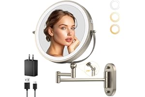 9″ Wall Mounted Lighted Makeup Mirror,4000mAh Rechargeable Double Sided 1X/10X Magnifying Mirror with Light,3 Color Lights,Touch Dimmable,Extended Arm 360 Rotation Wall Mounted Makeup Mirror