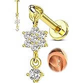 COCHARM 16G Flower Cartilage Earring Vertical Helix Piercing Jewelry, Flat Back Piercing Stud for Cartilage, Dangle Design, Gold and Silver Tone Lobe Helix Earring Stud