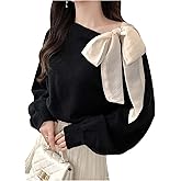 GORGLITTER Women's Off The Shoulder Bow Sweater Cozy Holiday Outfits Cute Long Sleeve Knit Sweater Vintage Pullover Tops