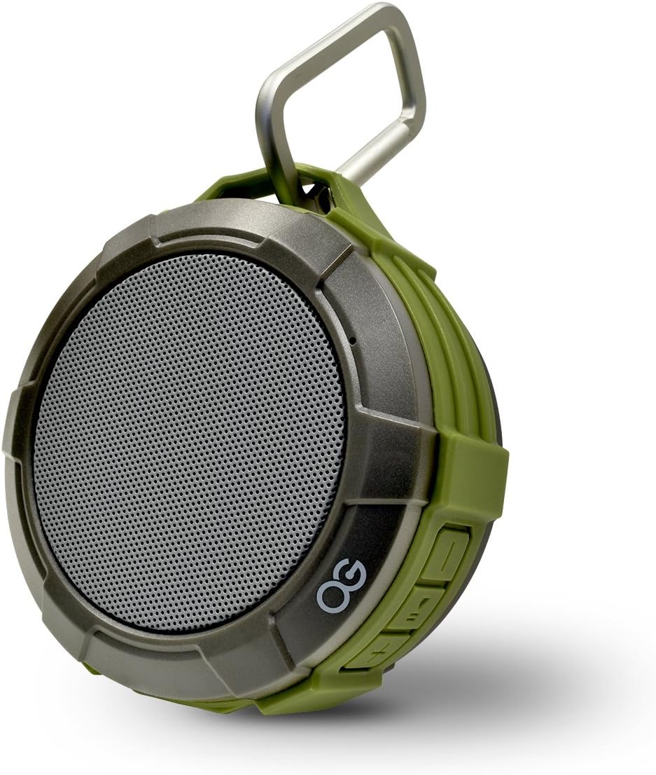 Omnigates Aeon Bluetooth 4.2 Speaker Pod - for Showers, Active Lifestyles, Backpacks - & Carabiner Clip, Suction Cup, Micro USB Cable - 4W Speaker, IPX5 Rating, 500mAh [Green|Gray]