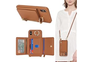 SunYoo iPhone Xs Max Case with Card Holder, Crossbody Strap, Rotatable Ring, Kickstand - Brown Leather